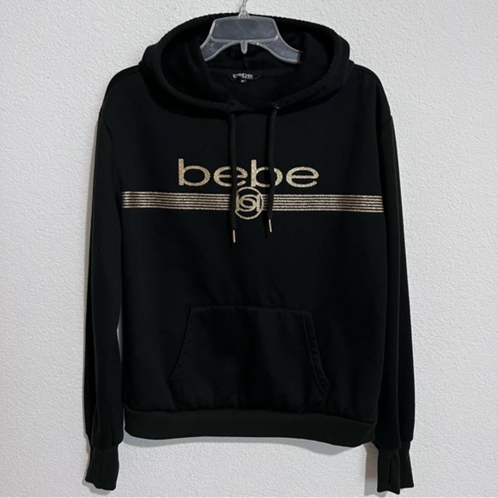 Bebe Sport Black & Gold Fleece Logo Hoodie Medium
